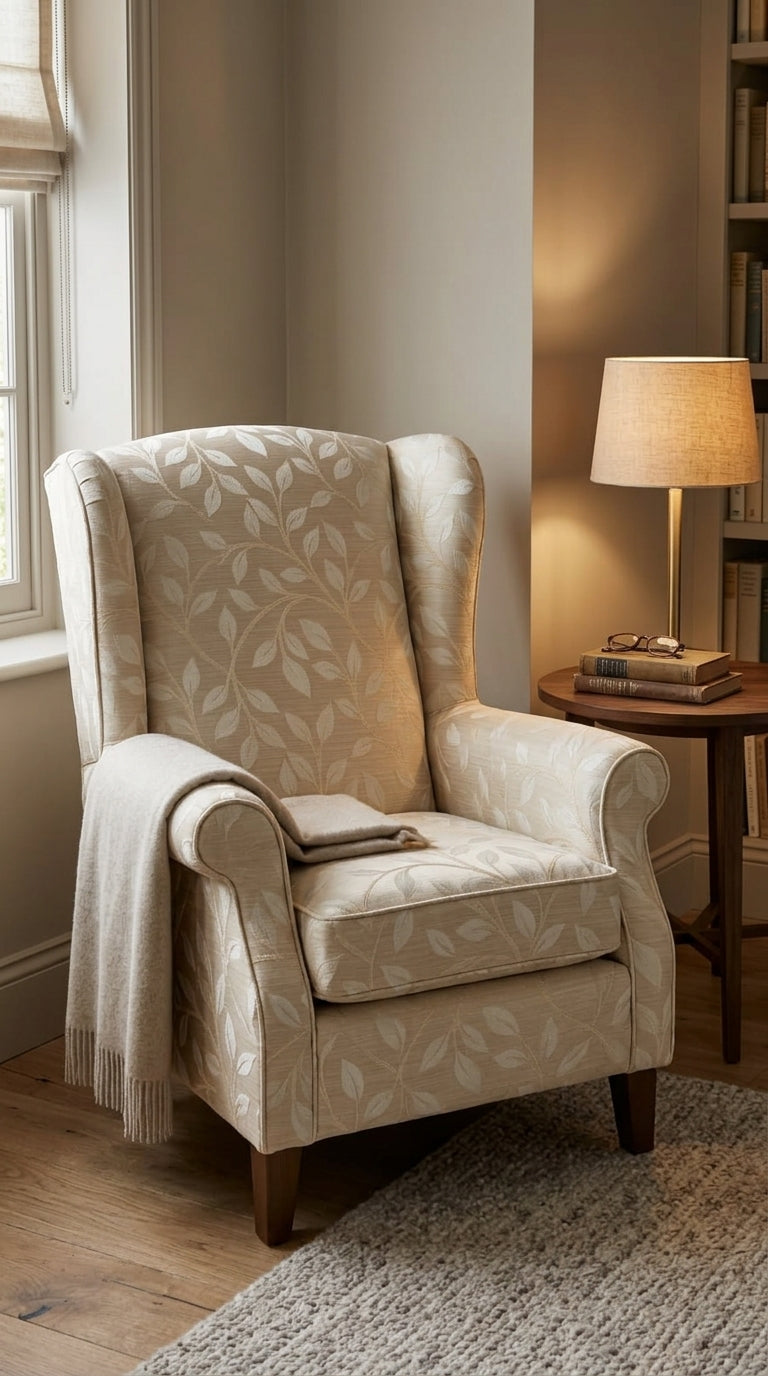 Beige Satin Fabric with Botanical Leaf Jacquard Weave