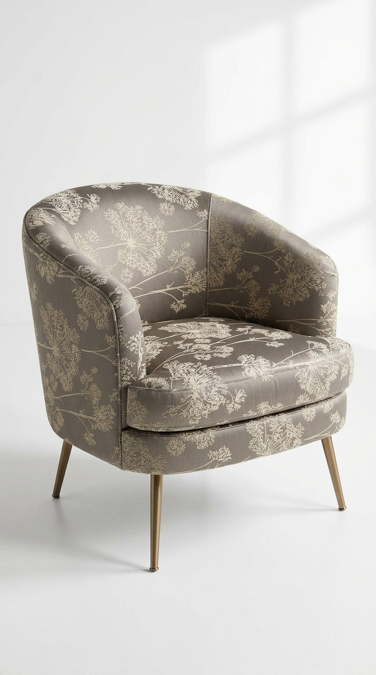 Taupe Satin Fabric with Ivory Dandelion Spray Jacquard