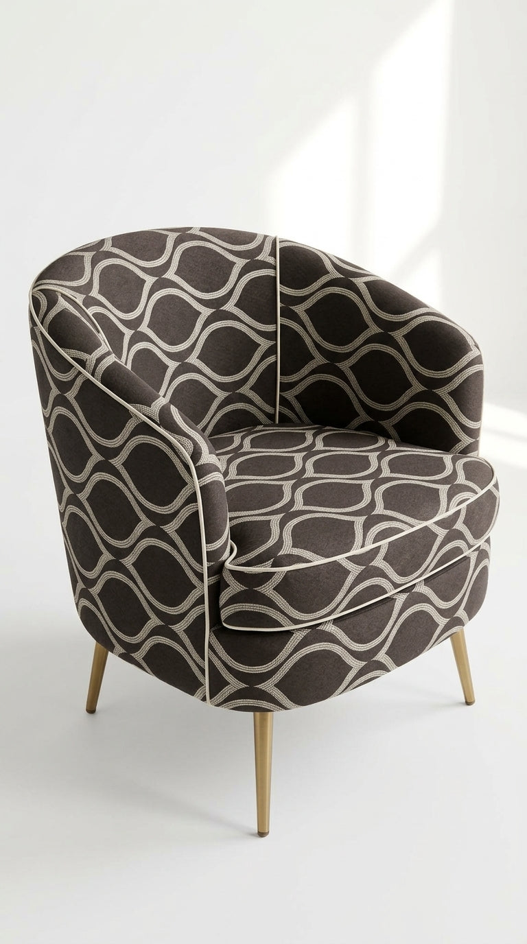 Dark Brown Satin Fabric with Ivory Ogee Wave Lattice Jacquard