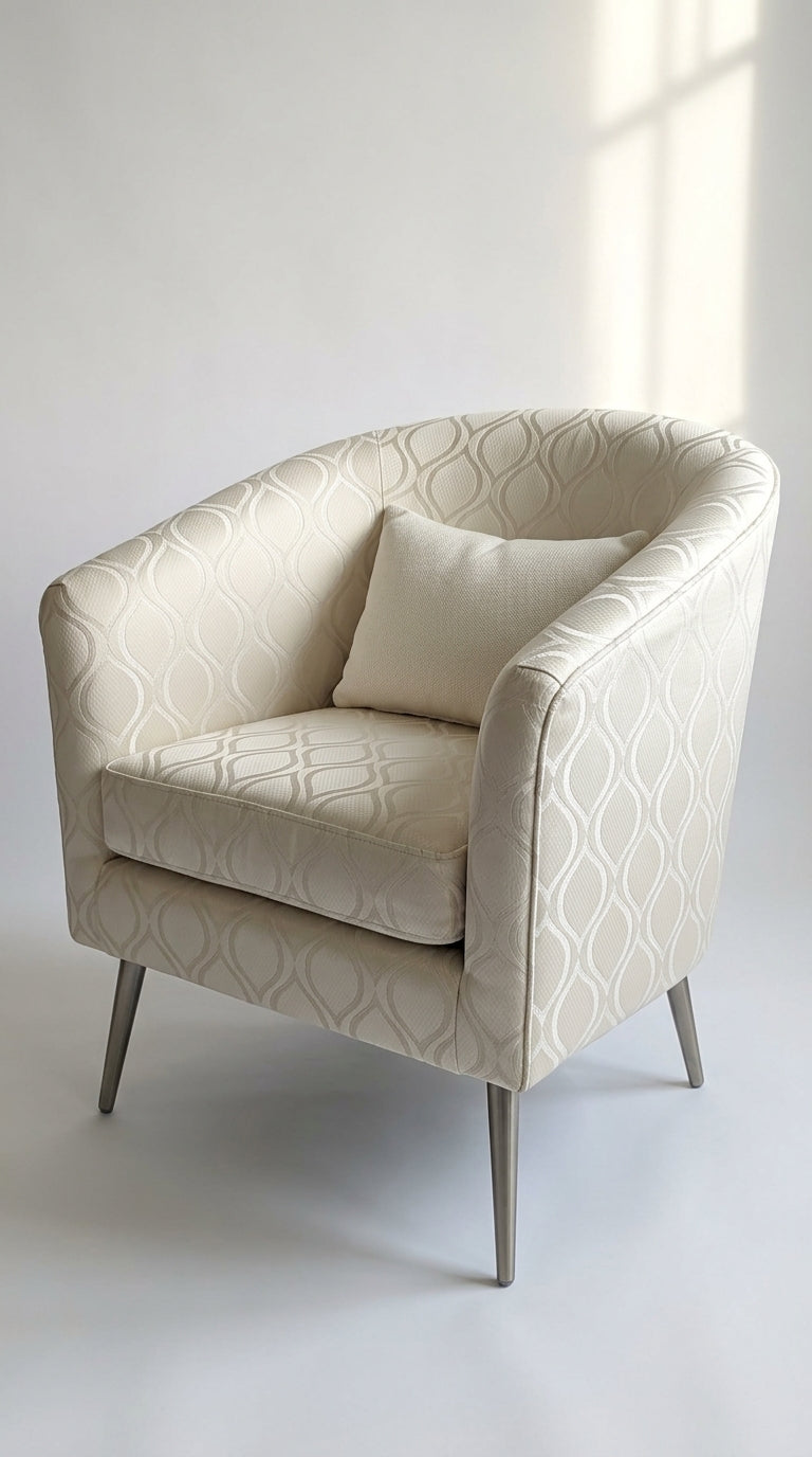 Ivory Satin Fabric with Tone-on-Tone Silver Ogee Wave Lattice Jacquard
