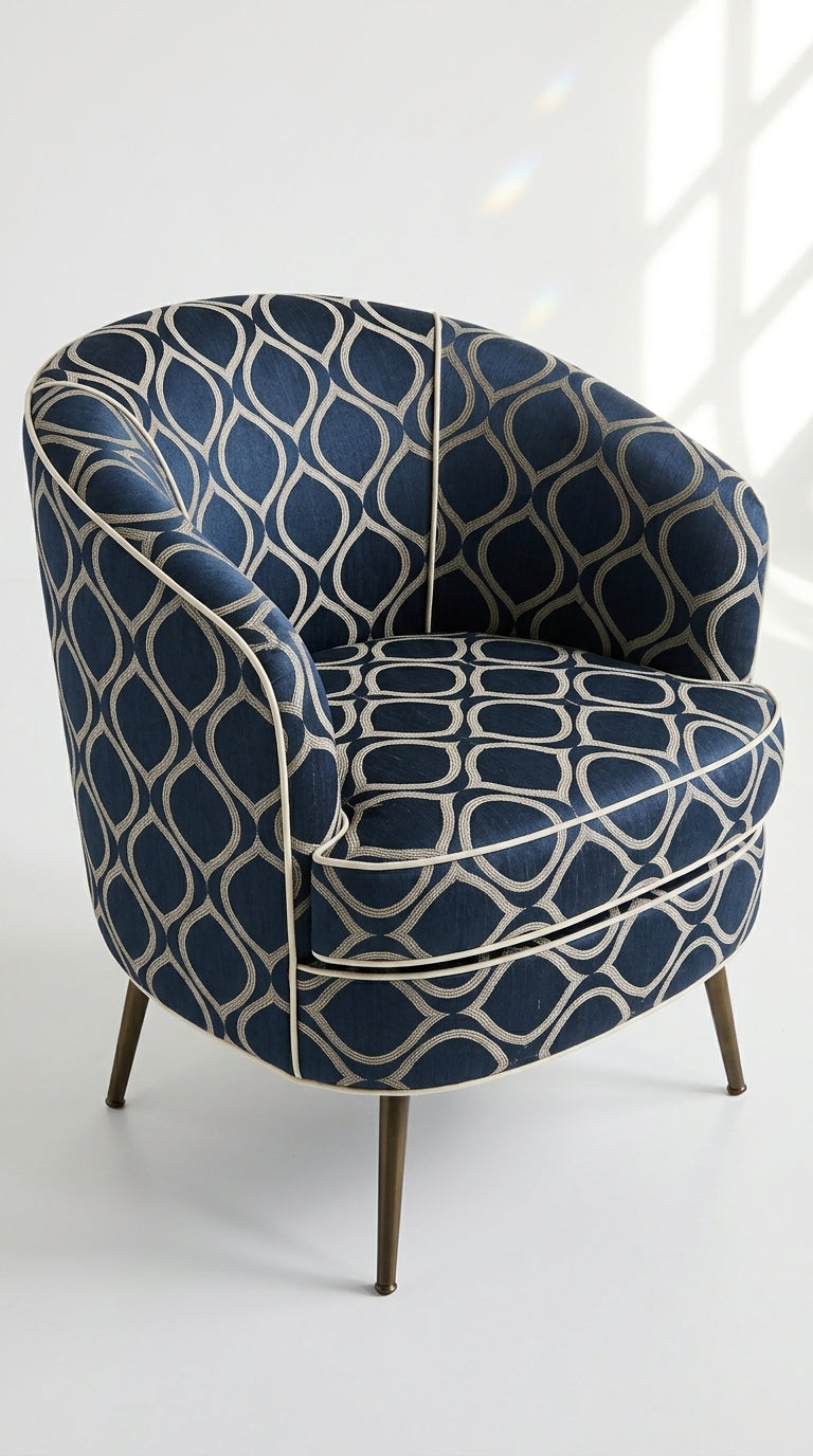 Navy Blue Satin Fabric with Gold Ogee Wave Lattice Jacquard