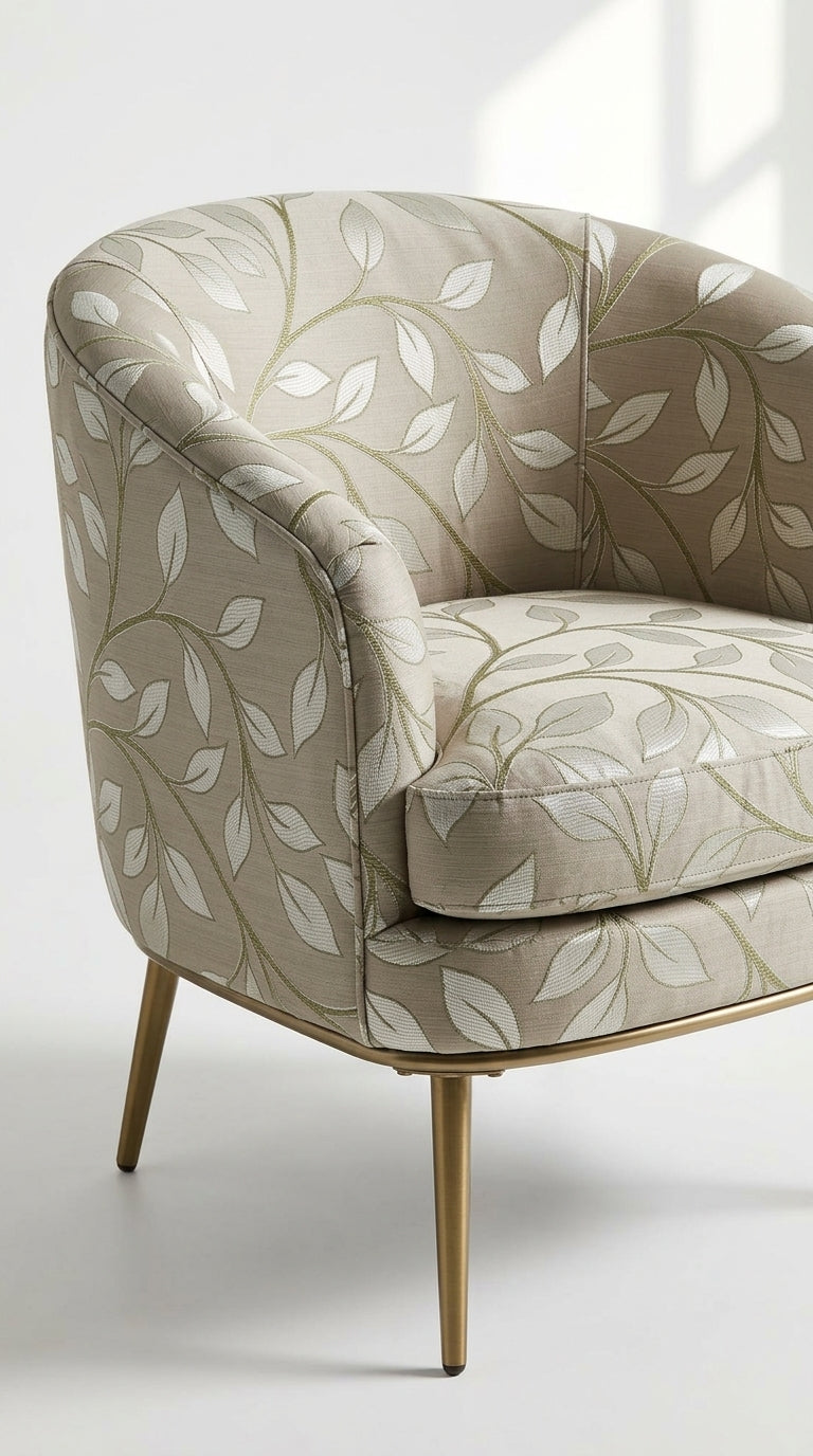 Taupe Satin Fabric with Olive & Ivory Botanical Leaf Jacquard