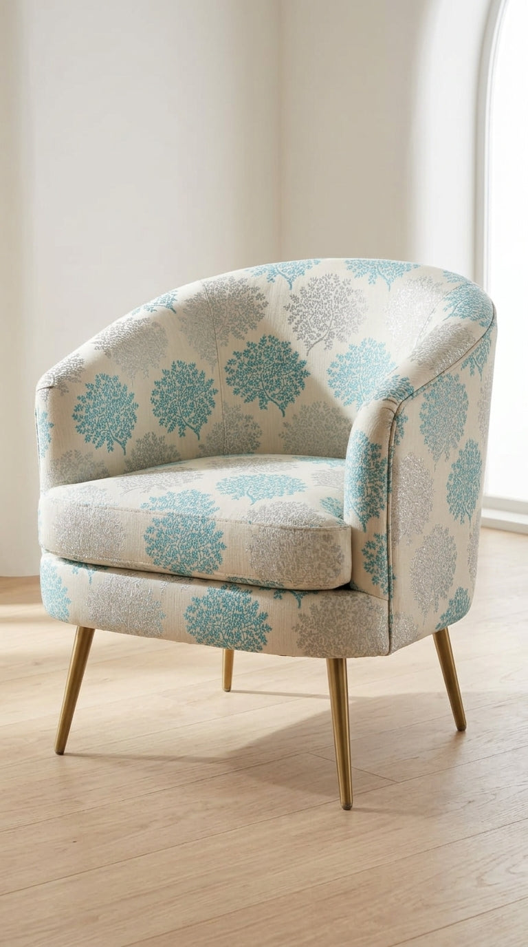 Tree Canopy Satin Fabric — Ivory, Teal & Silver