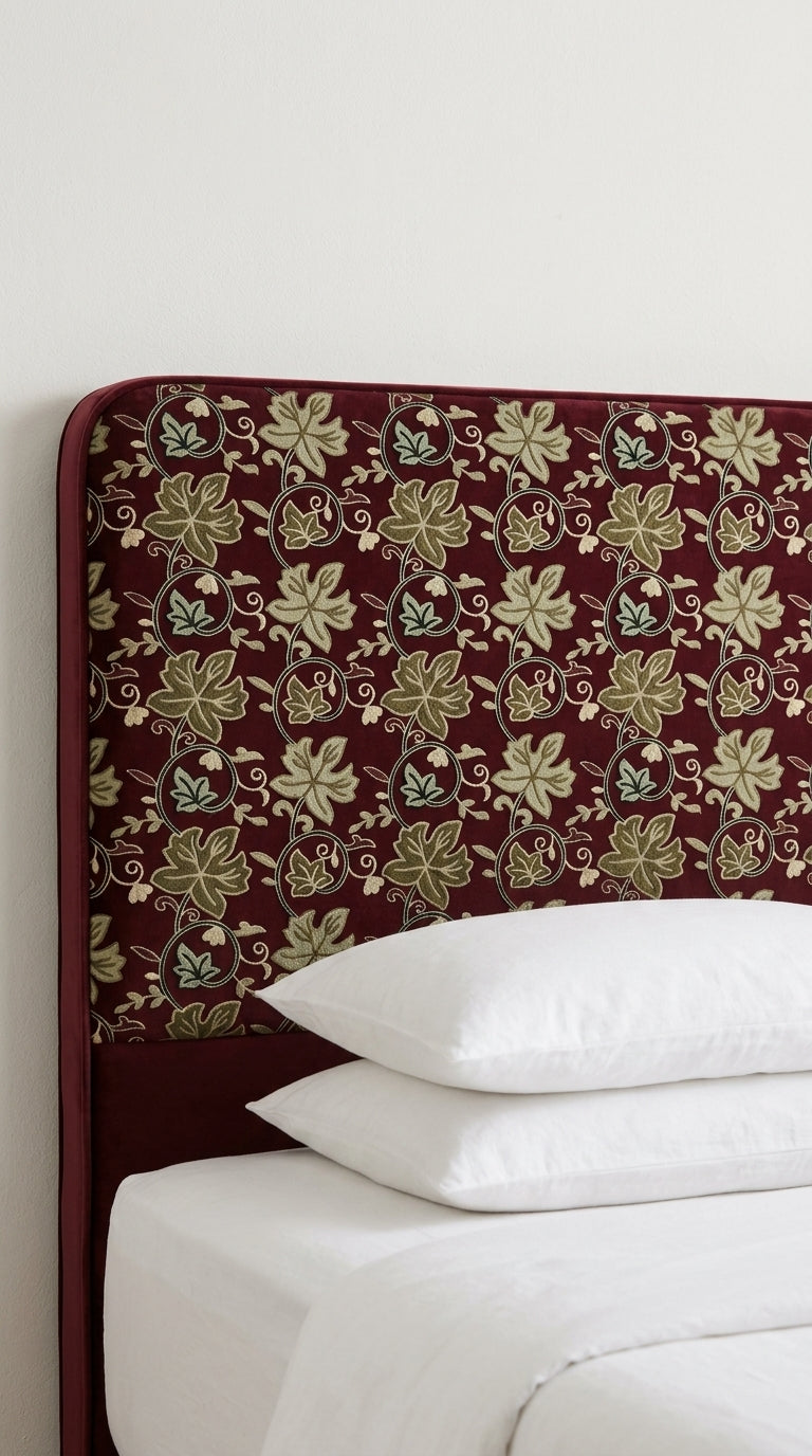 Wine Red Velvet Crewel Leaf Embroidery Fabric