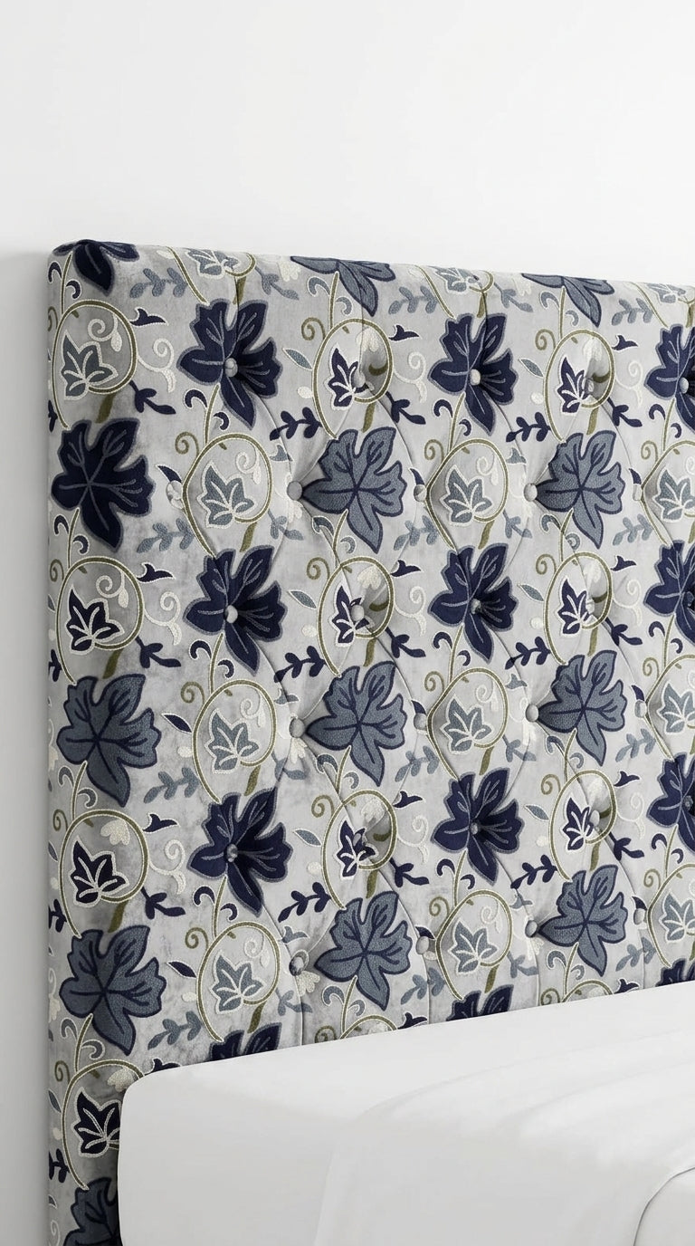 Steel Blue Linen Crewel Leaf Embroidery Fabric
