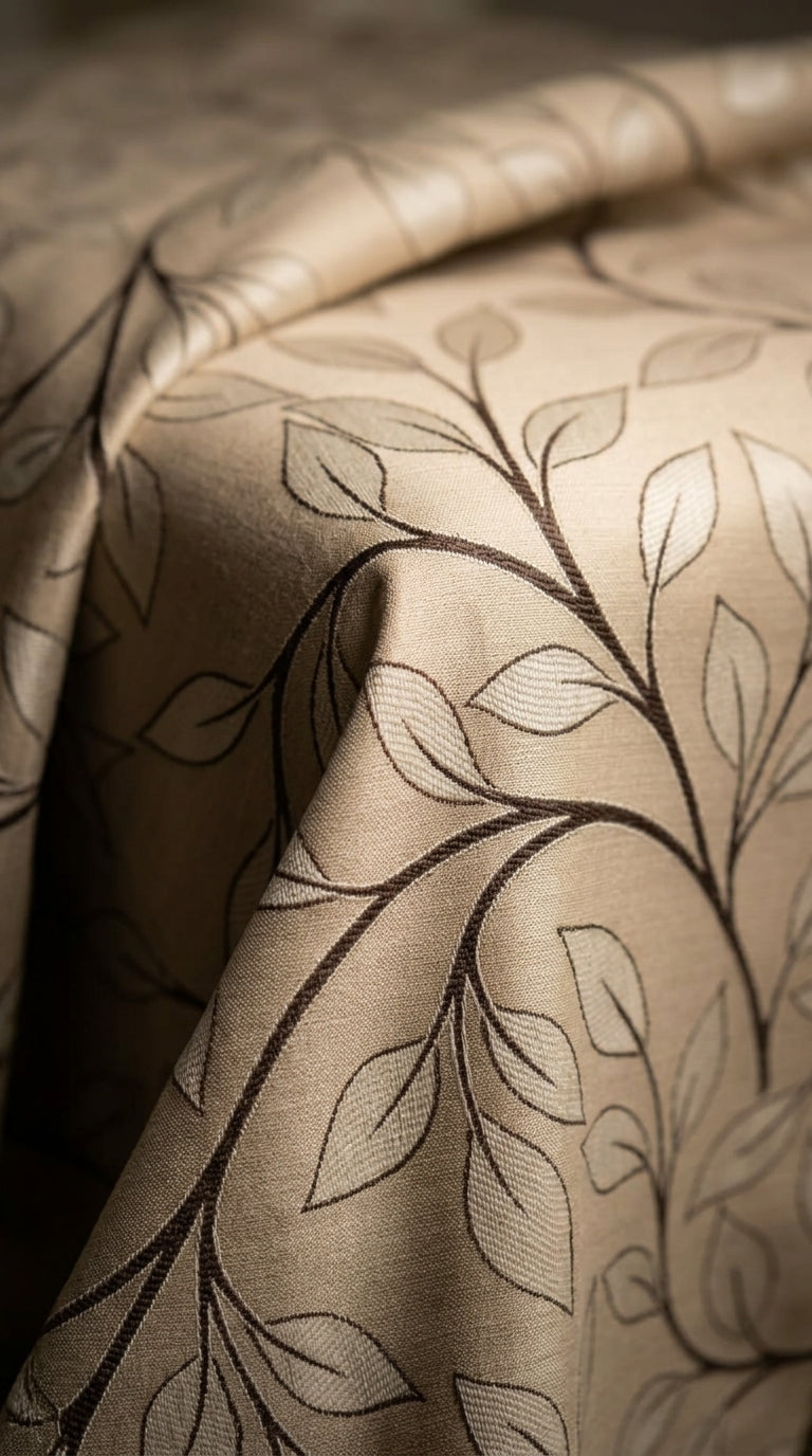 Trailing Leaf Vine Satin Fabric — Beige & Brown