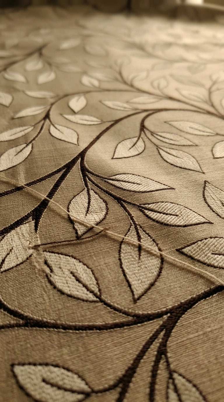 Trailing Leaf Vine Satin Fabric — Beige & Brown