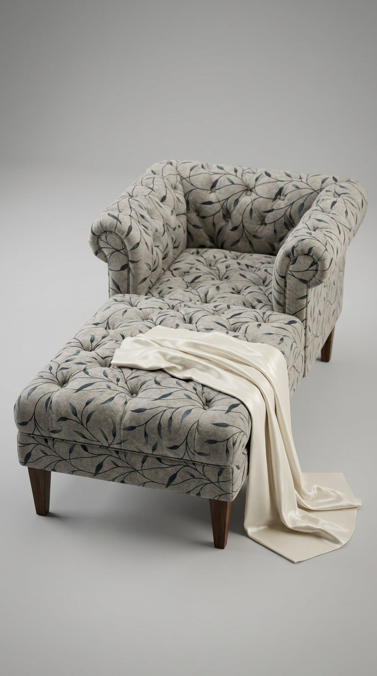 Trailing Leaf Silk Fabric — Silver & Teal