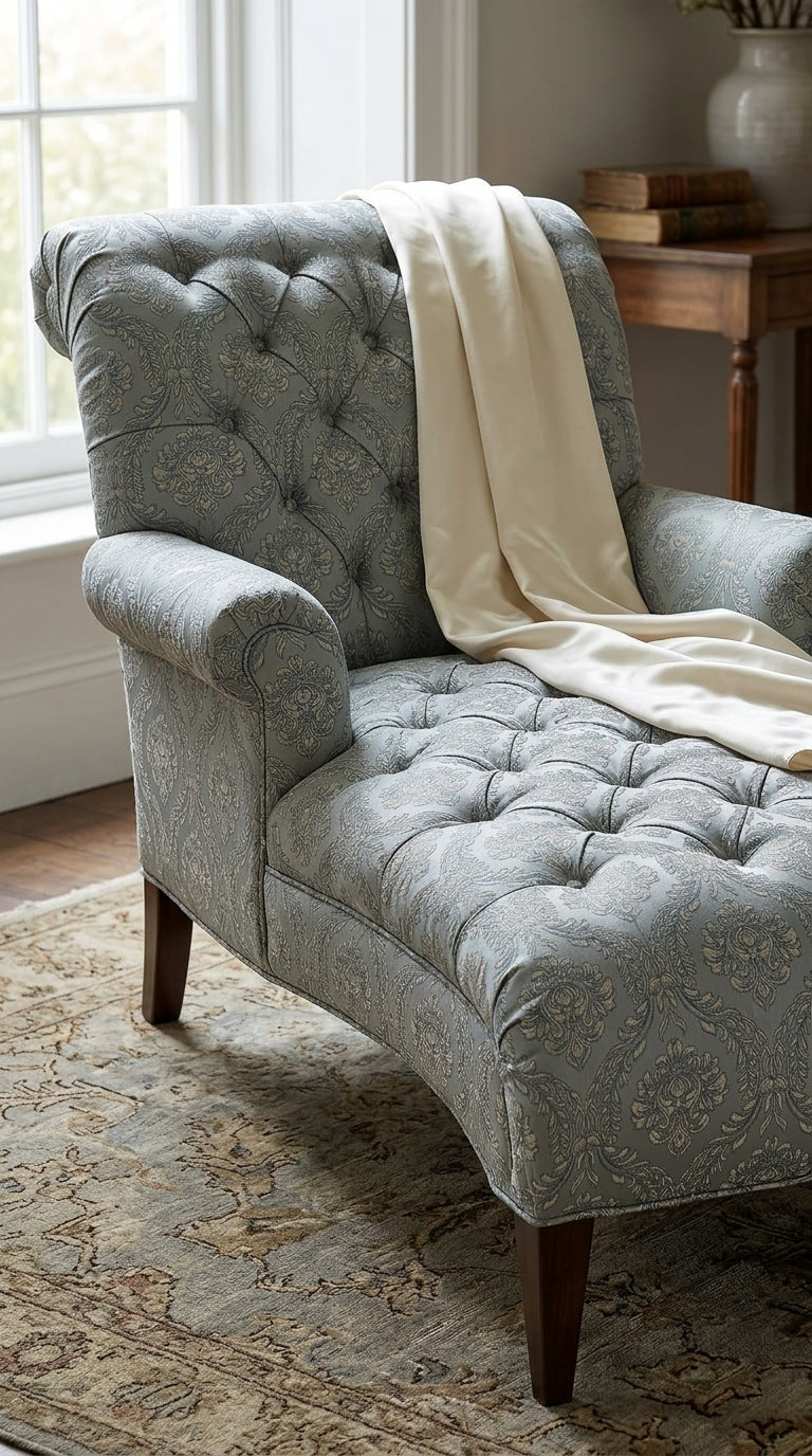 Powder Blue Ivory Damask Silk Fabric
