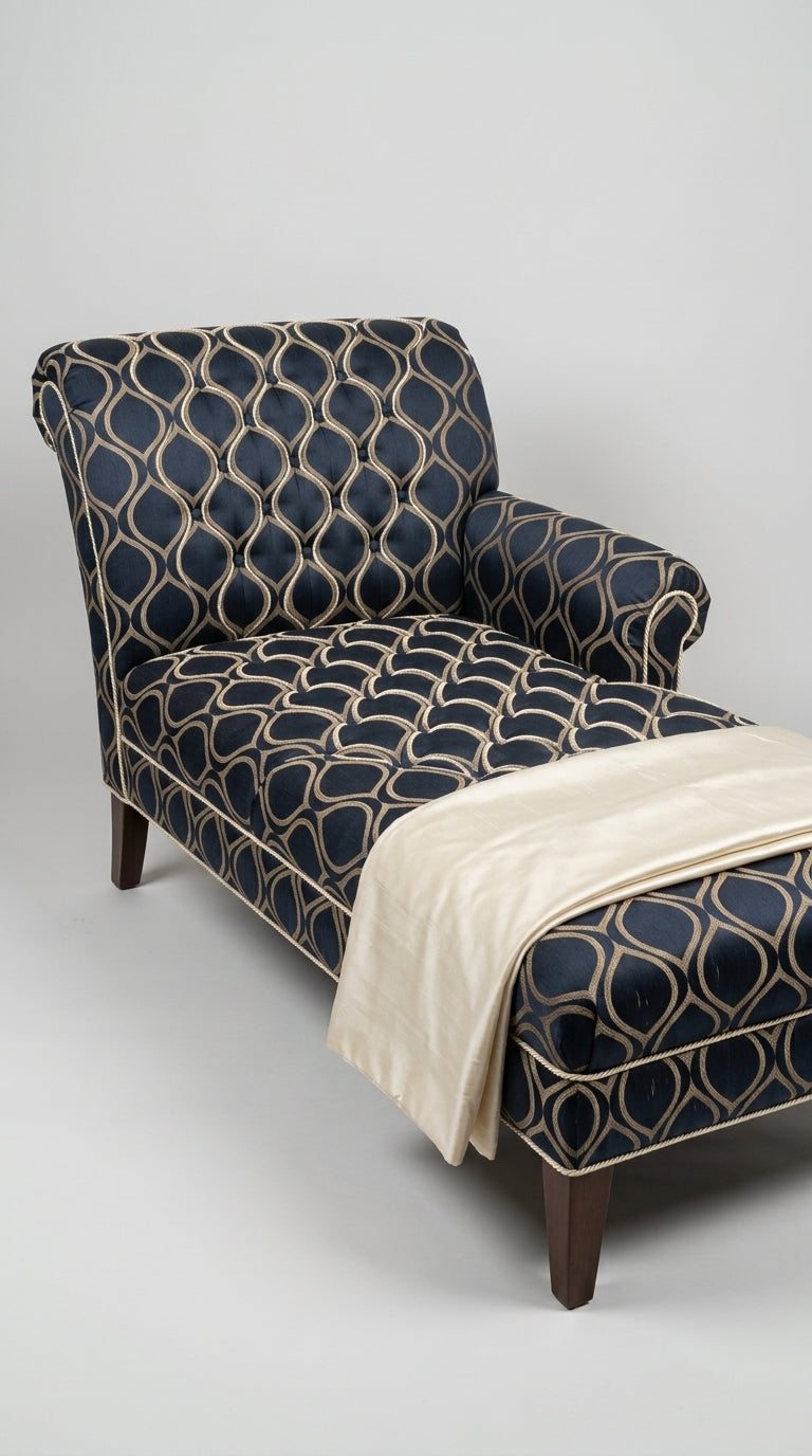 Navy Blue Satin Fabric with Gold Ogee Wave Lattice Jacquard