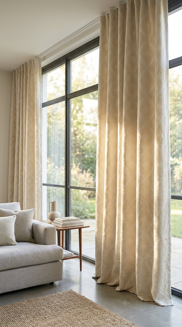 Ivory Satin Fabric with Champagne Tone-on-Tone Ikat Jacquard