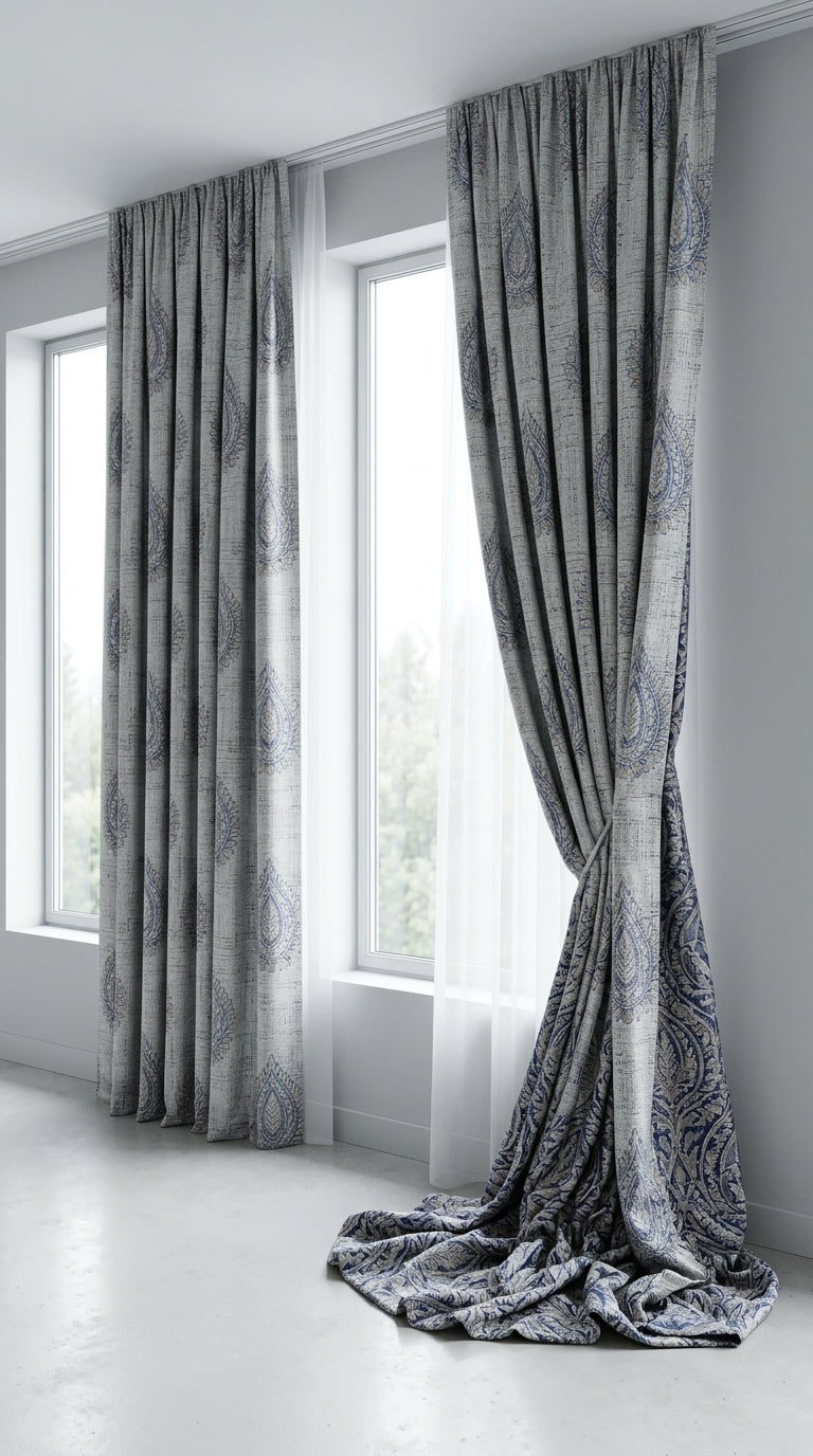Paisley Embroidered Satin Fabric — Indigo & Taupe