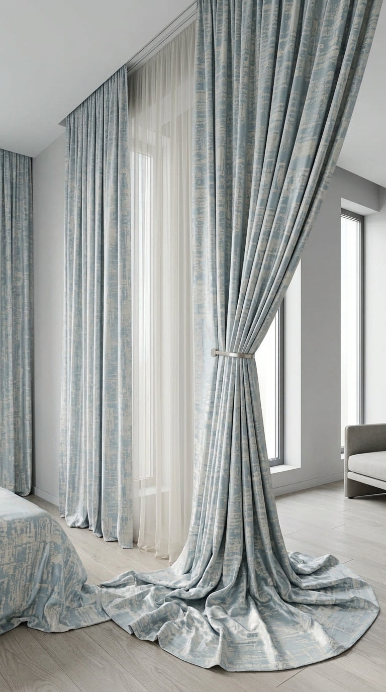 Abstract Satin Fabric — Dusty Blue & Ivory