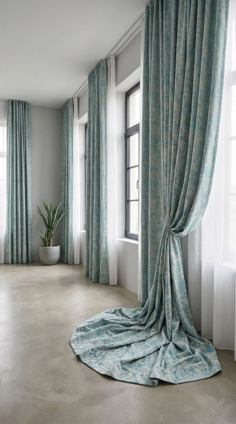 Abstract Satin Fabric — Turquoise & Ivory