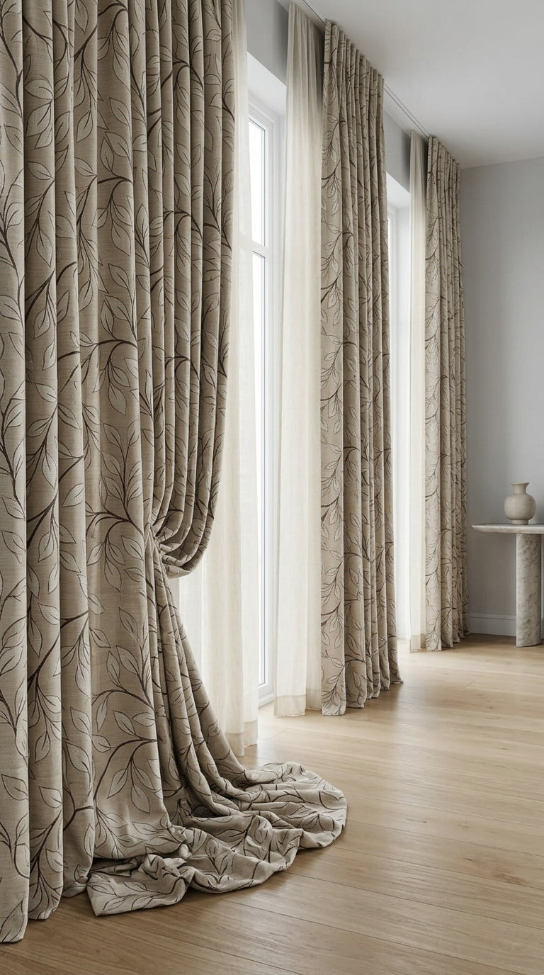 Trailing Leaf Vine Satin Fabric — Beige & Brown