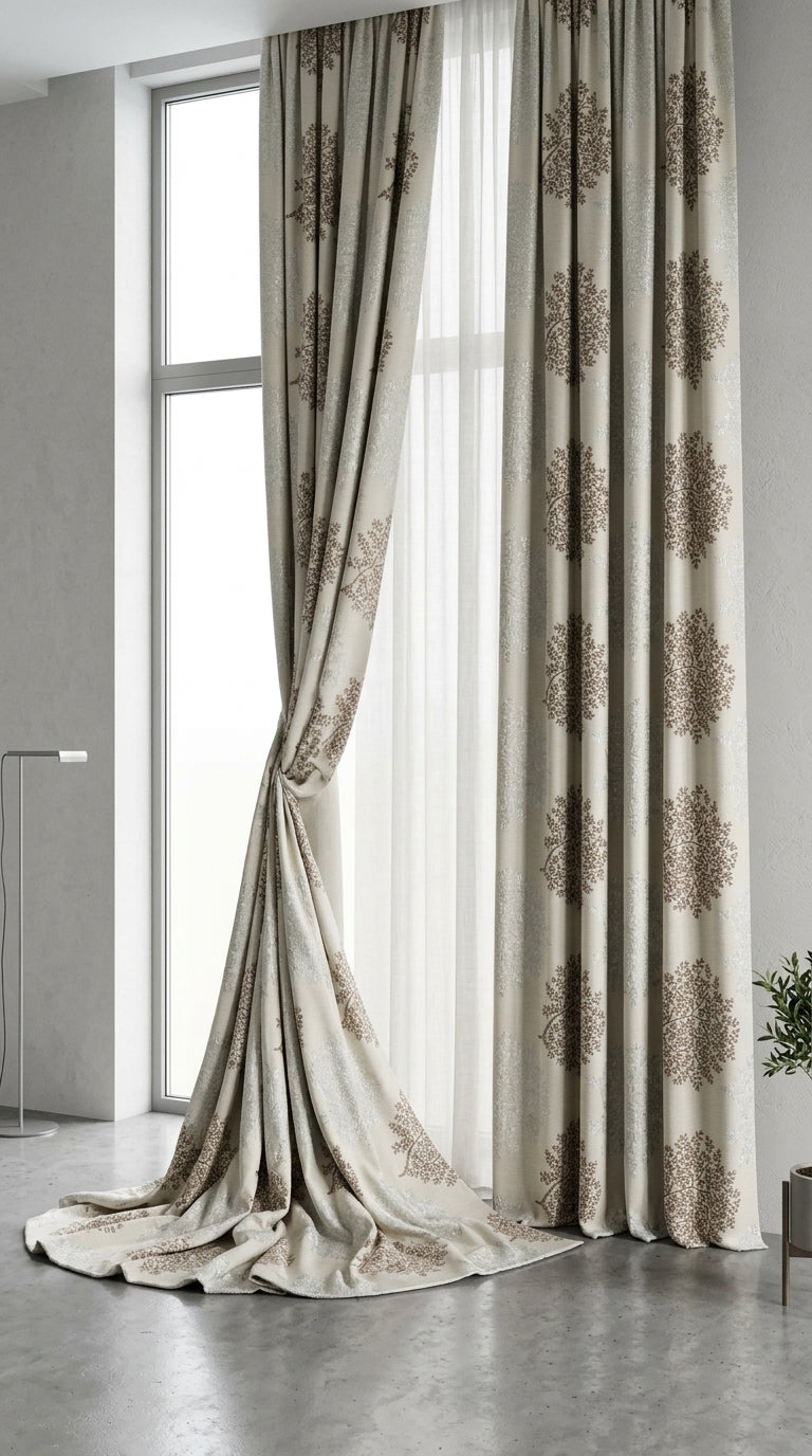 Ivory Satin Fabric with Brown Tree Canopy Jacquard