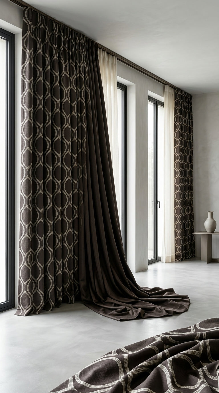 Dark Brown Satin Fabric with Ivory Ogee Wave Lattice Jacquard