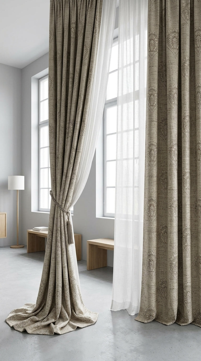 Paisley Embroidered Slub Fabric — Taupe & Sage Premium