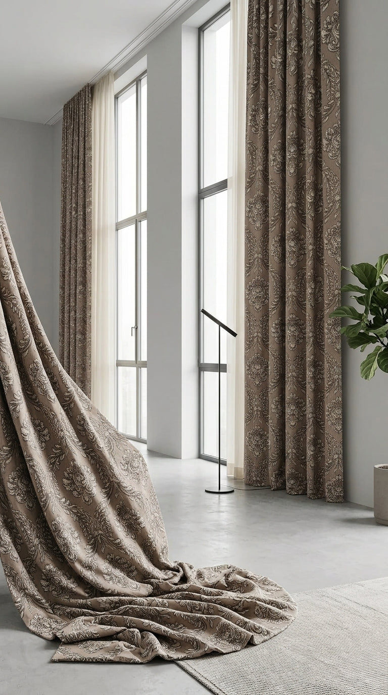 Damask Jacquard Silk Fabric — Taupe & Ivory Premium