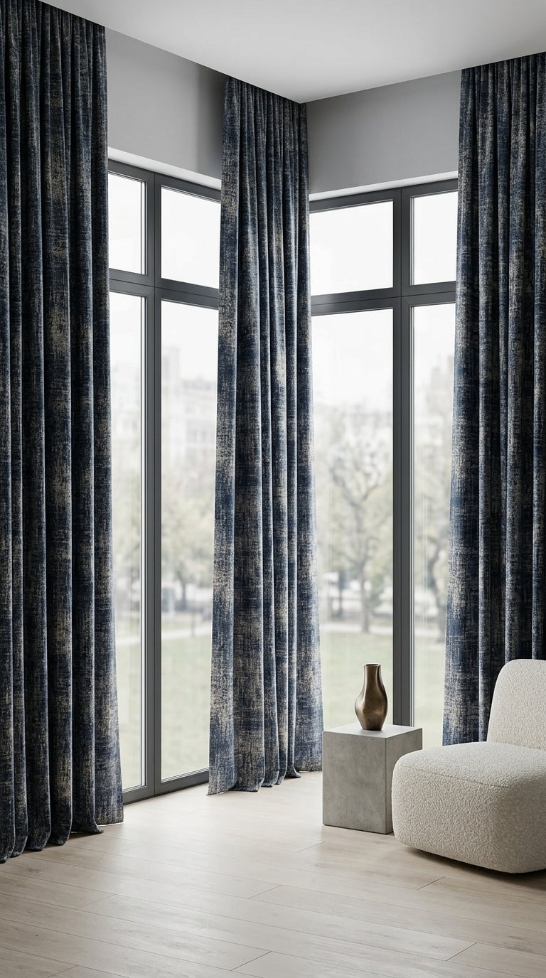 Abstract Distressed Jacquard Silk Fabric — Navy & Ivory Premium