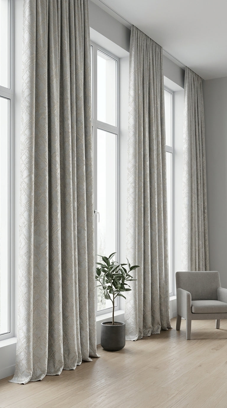 Abstract Crosshatch Jacquard Silk Fabric — Grey & Ivory Premium