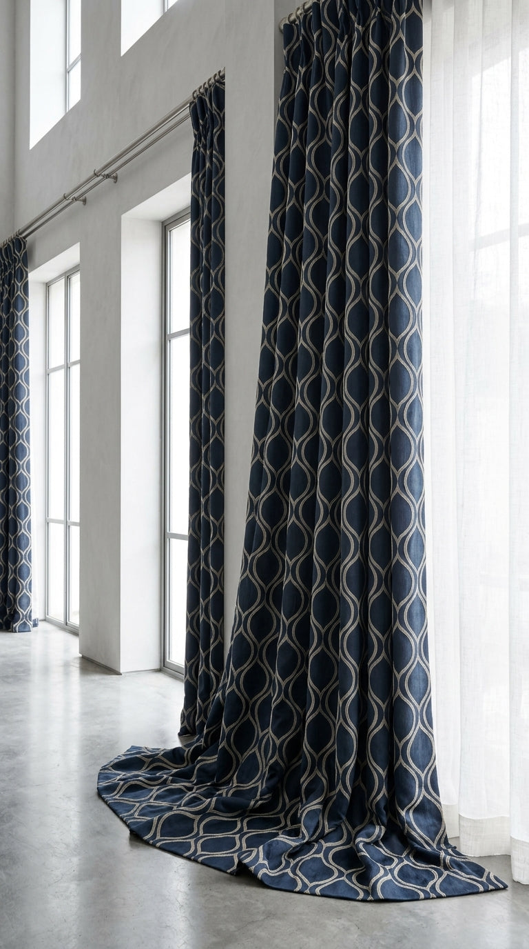 Navy Blue Satin Fabric with Gold Ogee Wave Lattice Jacquard