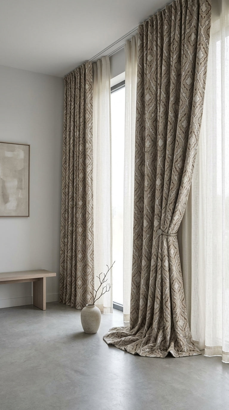 Ikat Diamond Jacquard Fabric — Ivory & Taupe Premium