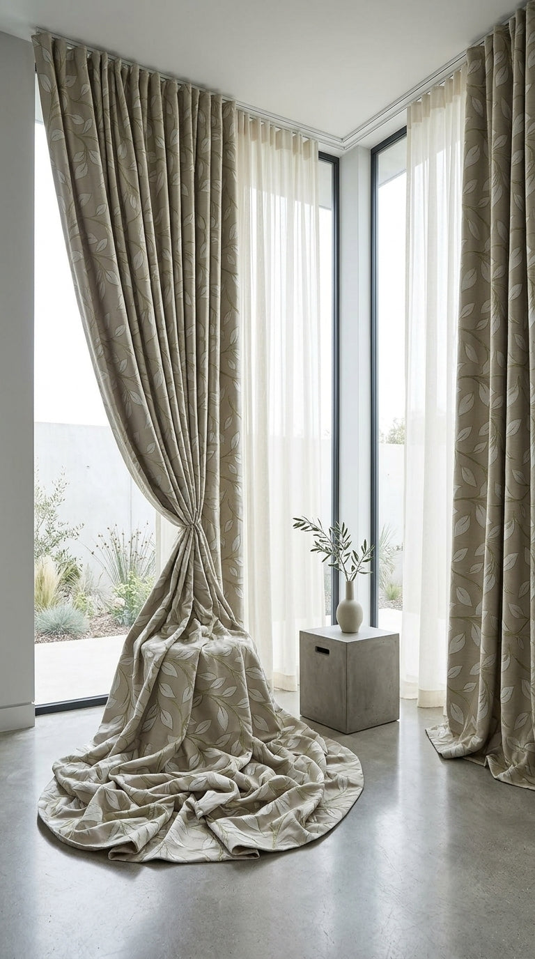 Taupe Satin Fabric with Olive & Ivory Botanical Leaf Jacquard