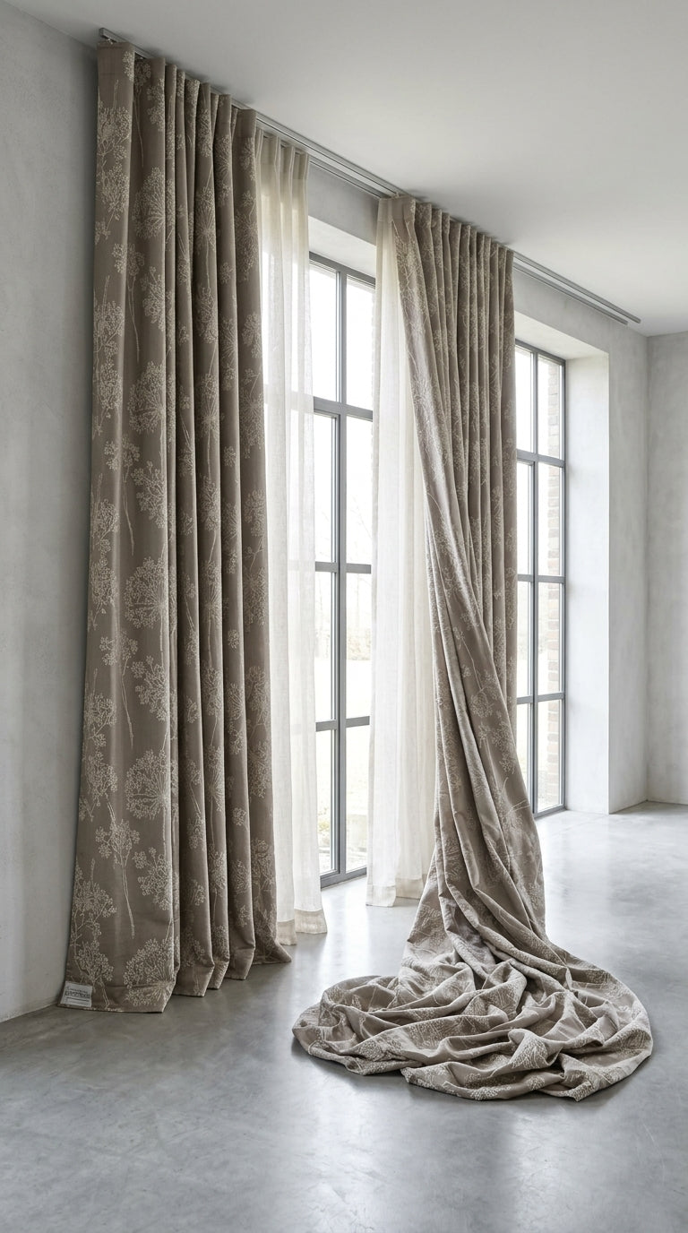 Taupe Satin Fabric with Ivory Dandelion Spray Jacquard