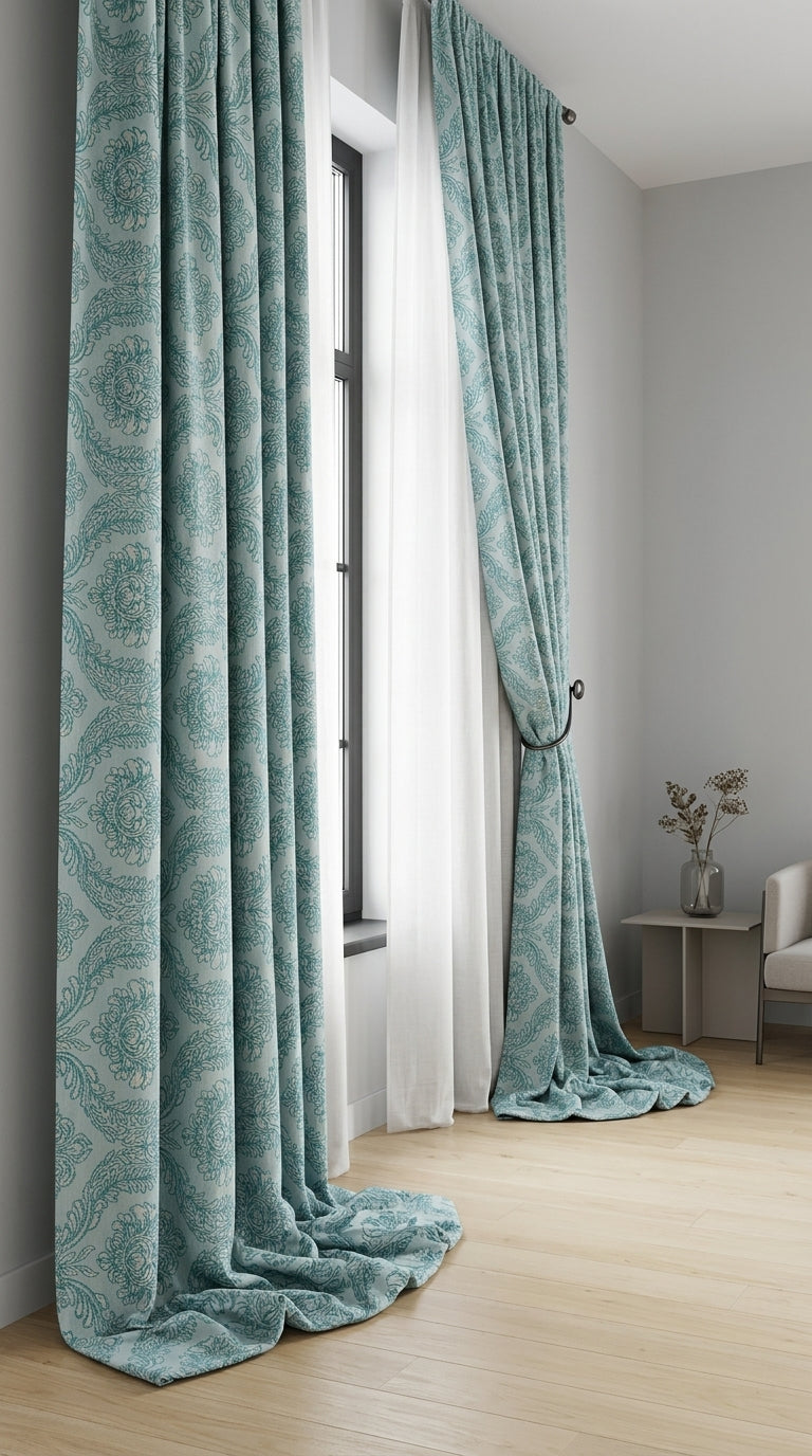 Teal Ivory Floral Damask Silk Fabric