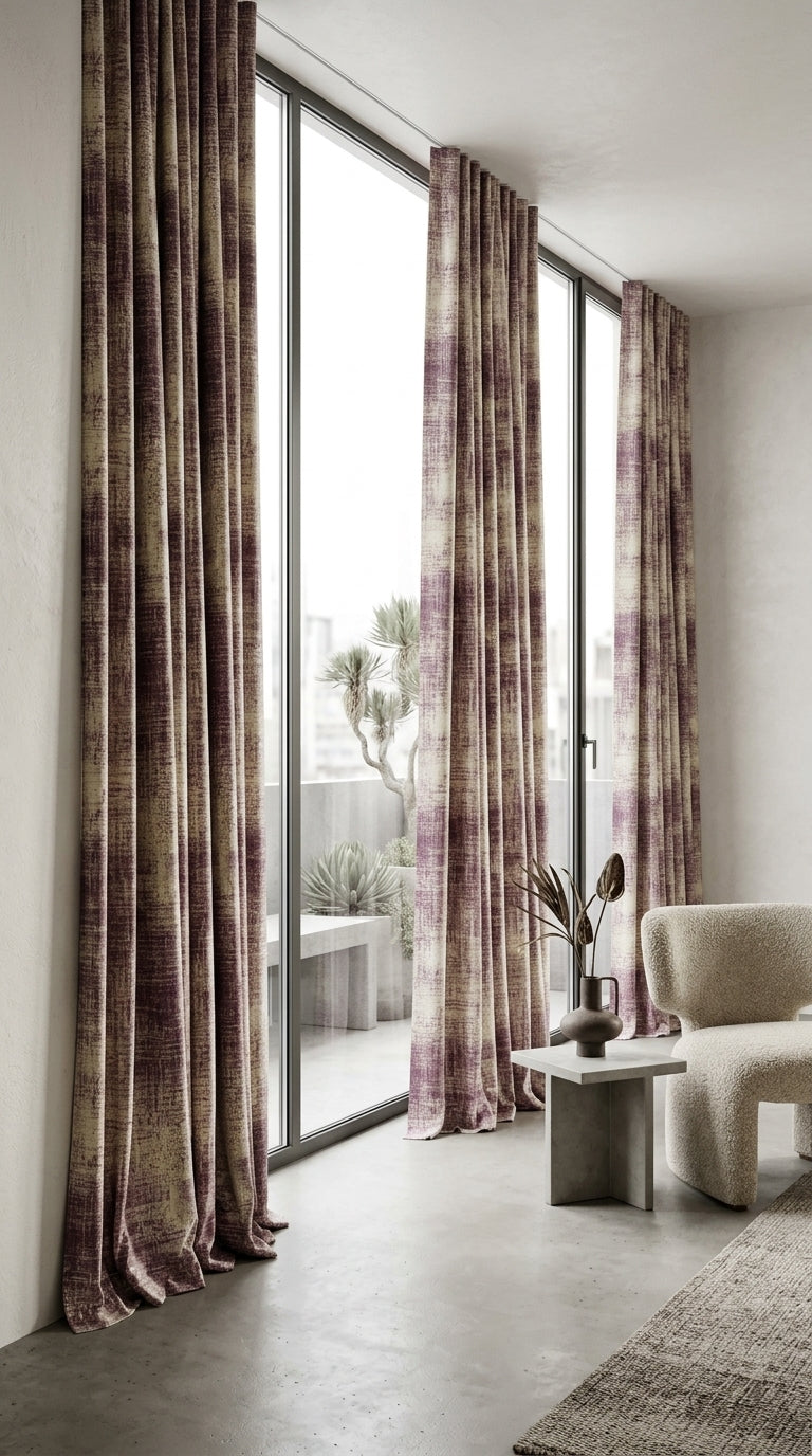 Abstract Distressed Jacquard Silk Fabric — Plum & Ivory Premium