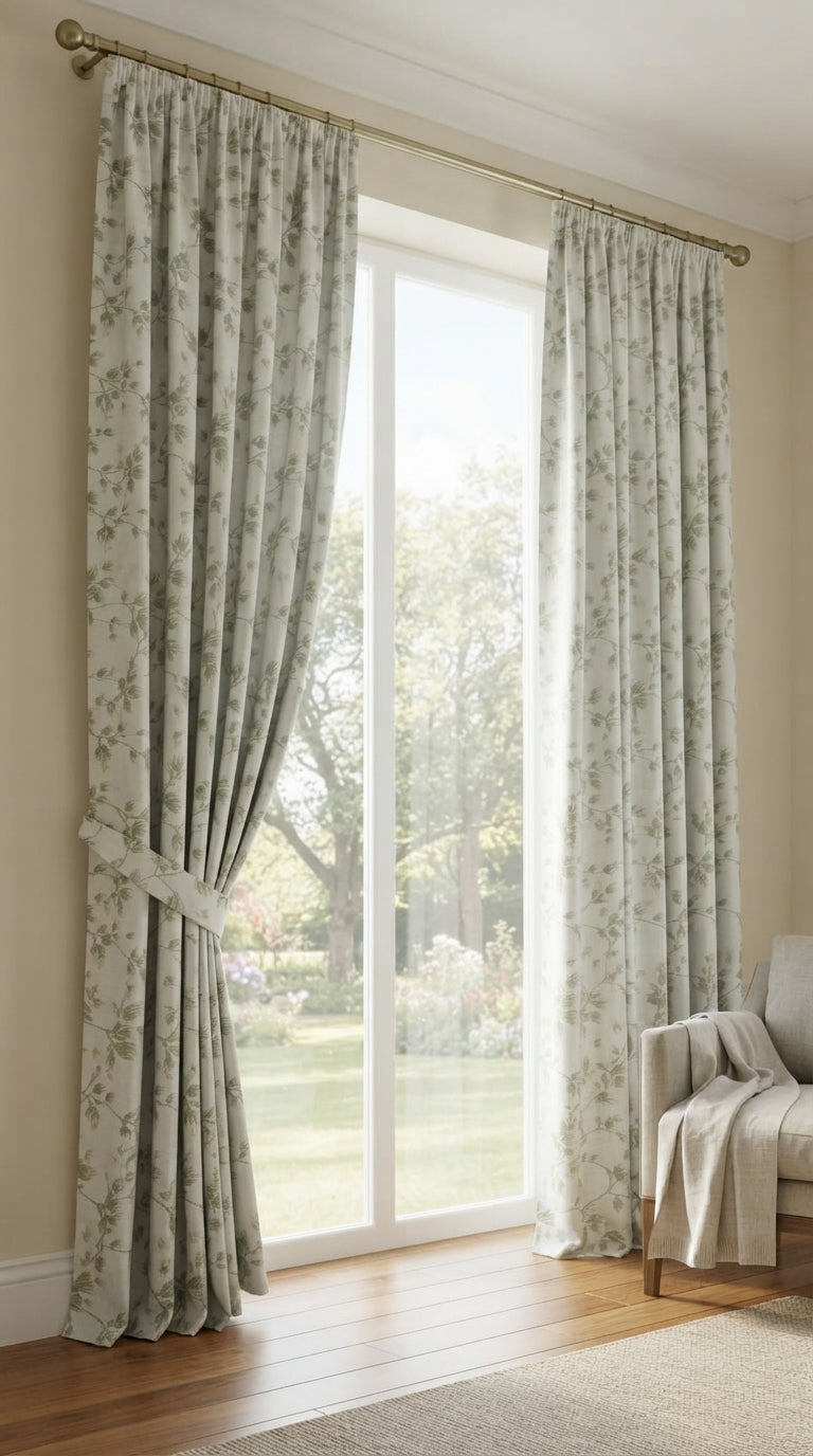 White Satin Fabric with Sage Green Floral Embroidery