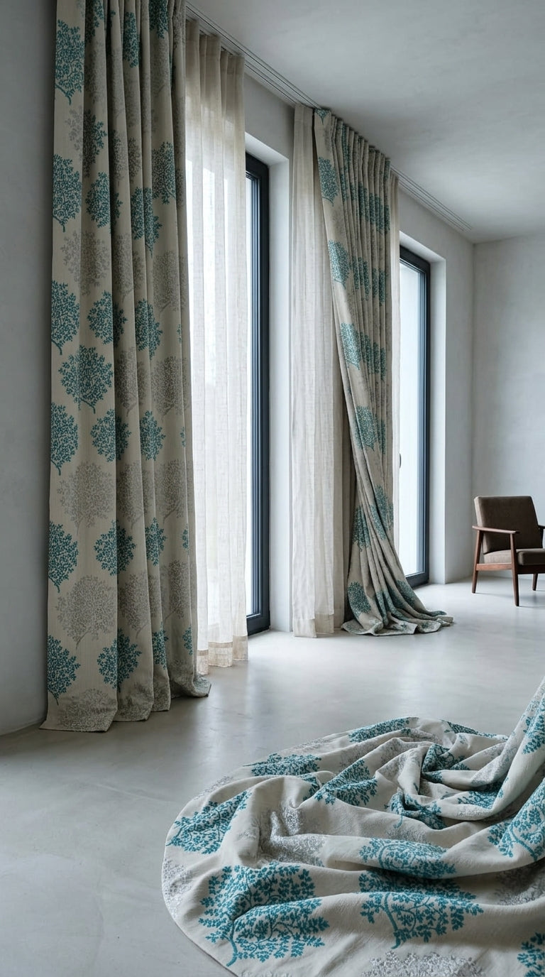 Tree Canopy Satin Fabric — Ivory, Teal & Silver
