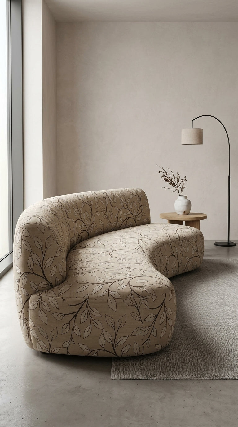 Trailing Leaf Vine Satin Fabric — Beige & Brown