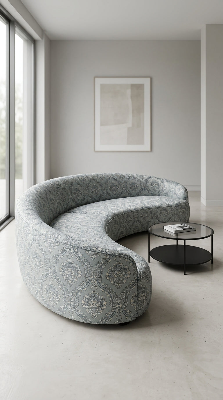Powder Blue Ivory Damask Silk Fabric