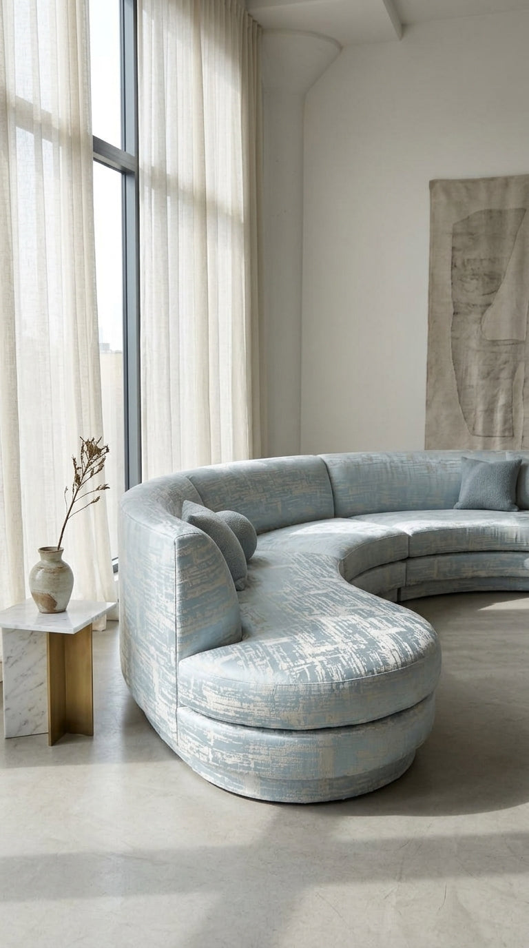 Abstract Satin Fabric — Dusty Blue & Ivory