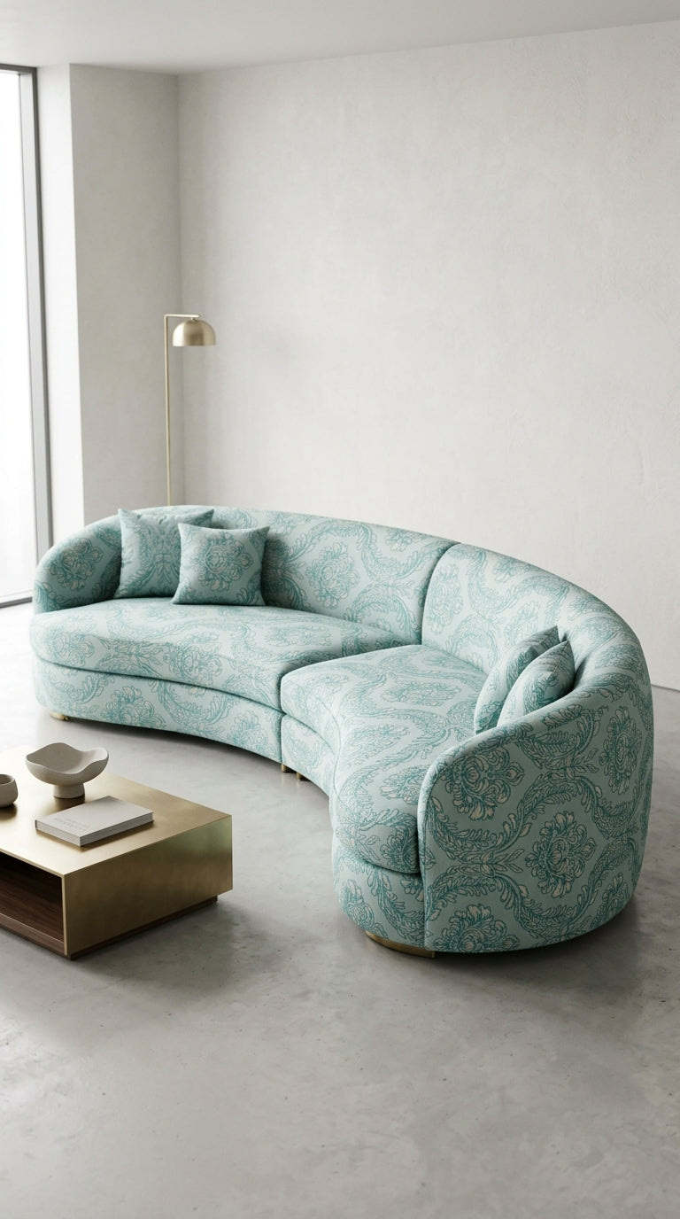 Teal Ivory Floral Damask Silk Fabric