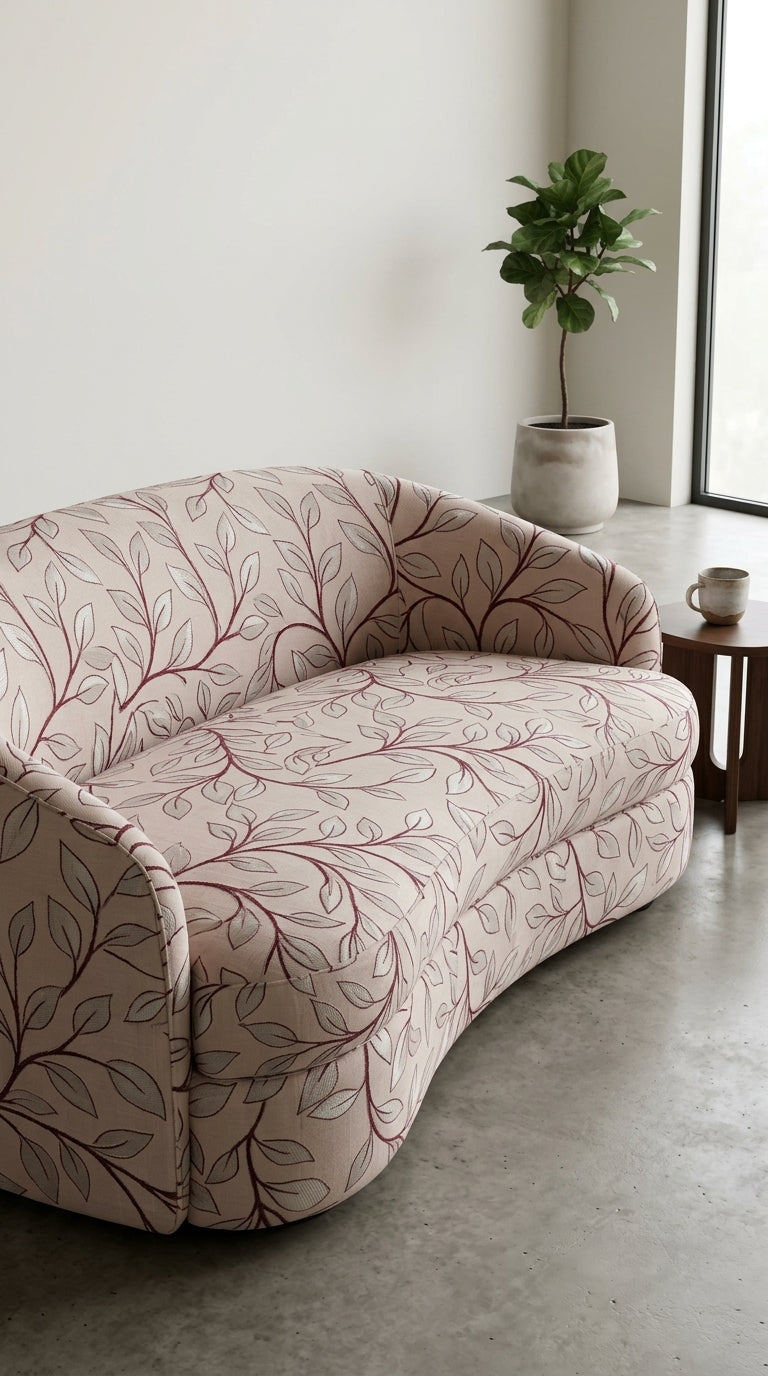 Trailing Leaf Vine Satin Fabric — Ivory, Silver & Burgundy