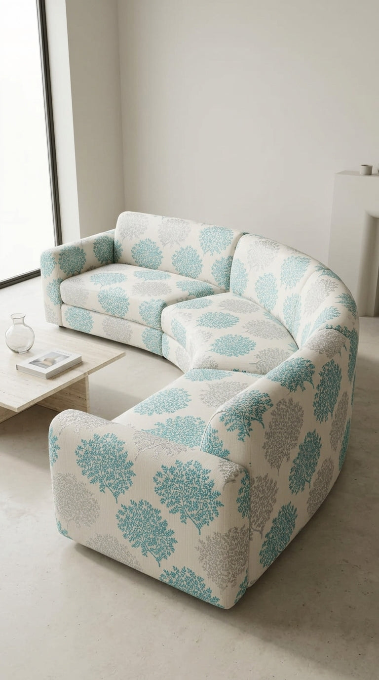 Tree Canopy Satin Fabric — Ivory, Teal & Silver
