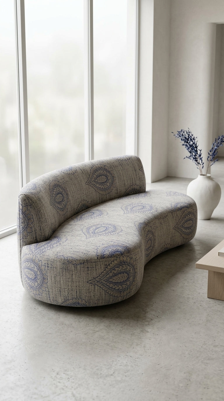 Paisley Embroidered Satin Fabric — Indigo & Taupe