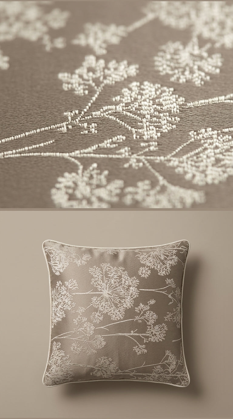Taupe Satin Fabric with Ivory Dandelion Spray Jacquard