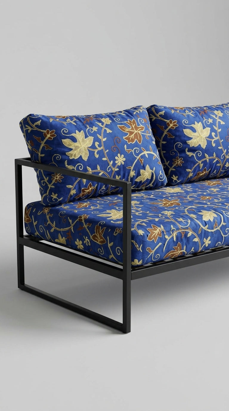 Royal Blue Silk Crewel Embroidery Fabric