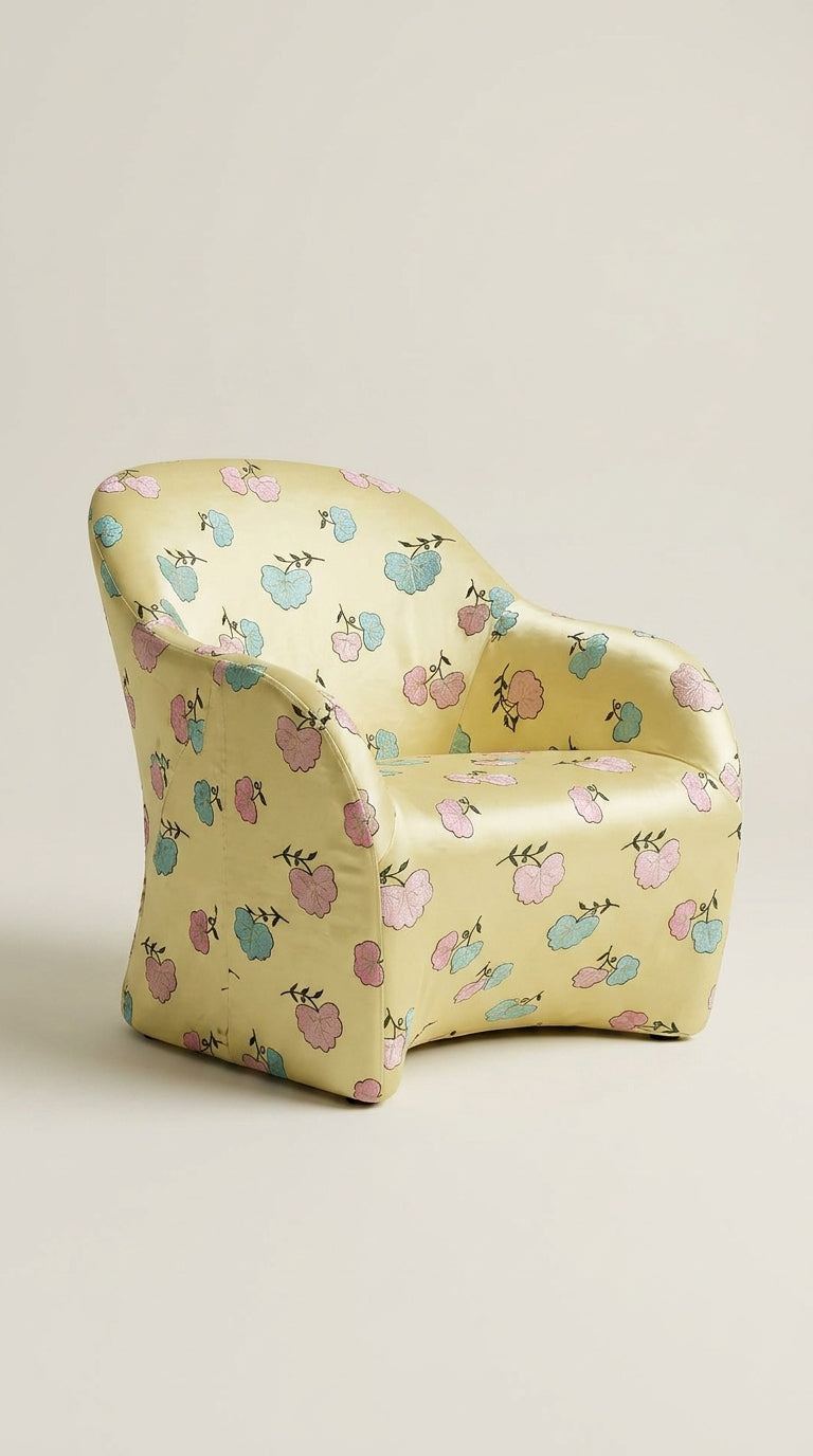 Butter Yellow Silk Appliqué Floral Fabric