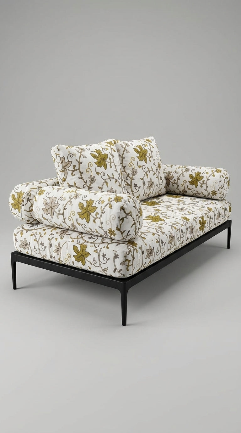 White Velvet Crewel Olive Floral Vine Fabric