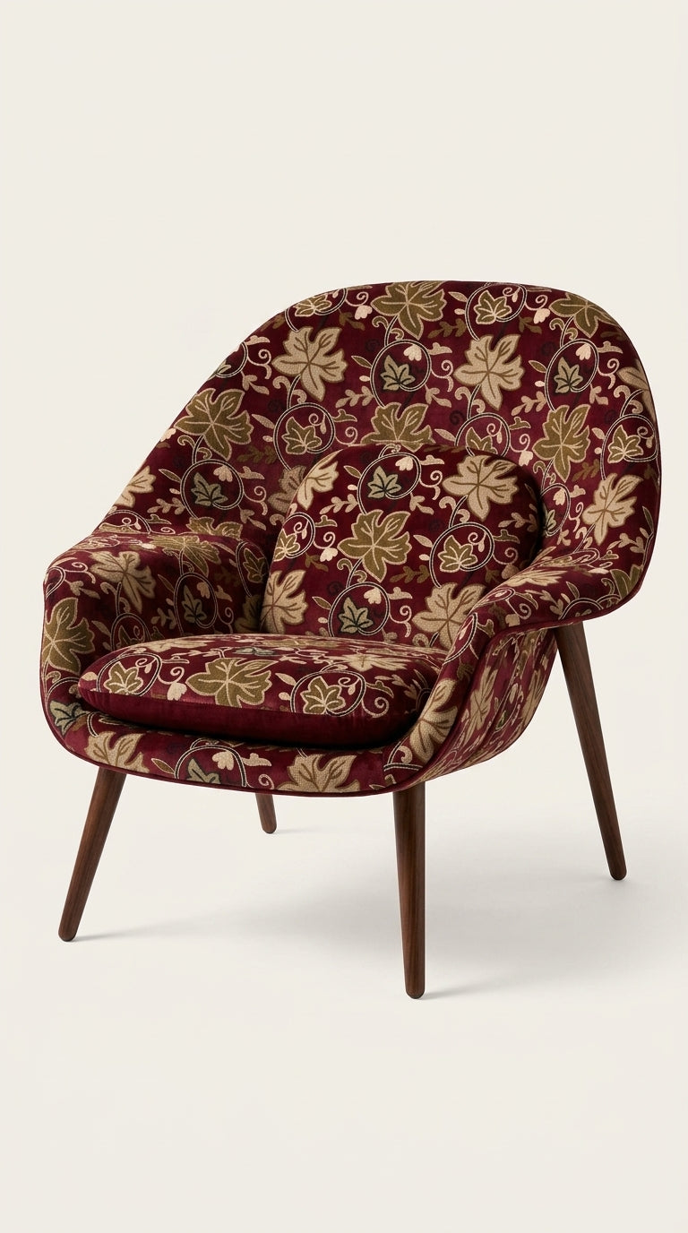 Wine Red Velvet Crewel Leaf Embroidery Fabric