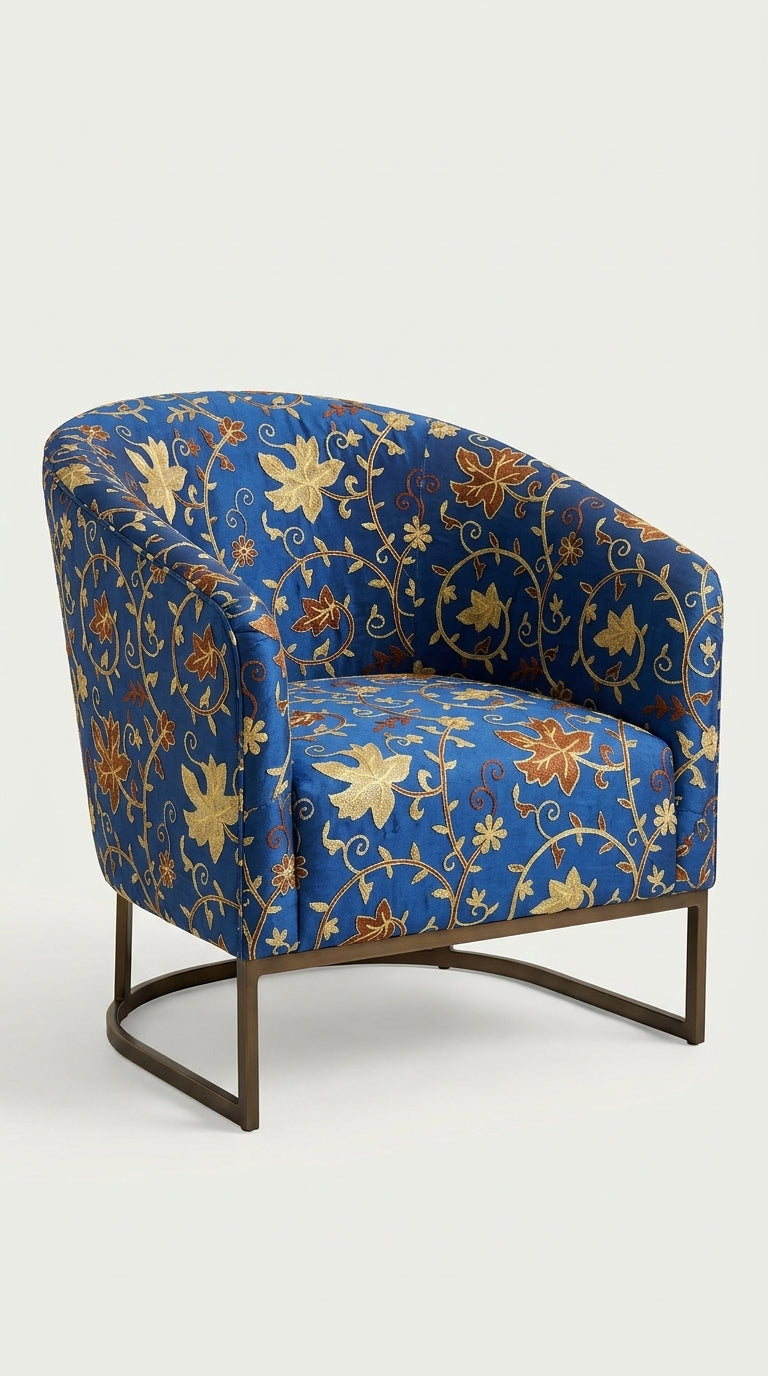 Royal Blue Silk Crewel Embroidery Fabric