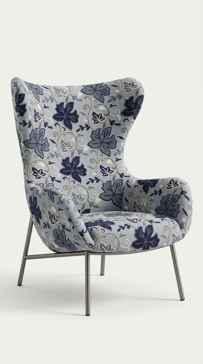 Steel Blue Linen Crewel Leaf Embroidery Fabric