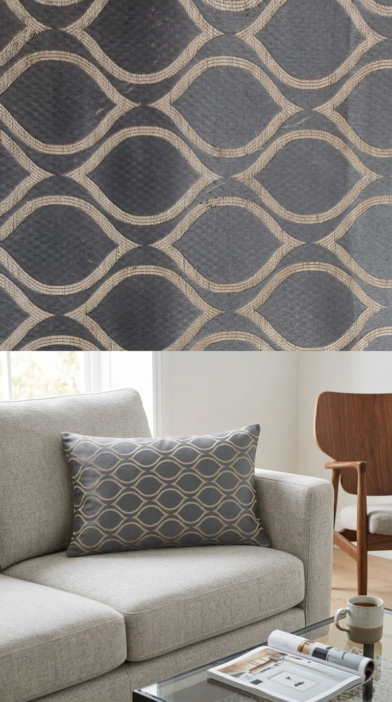 Grey Satin Fabric with Gold Ogee Lattice Jacquard