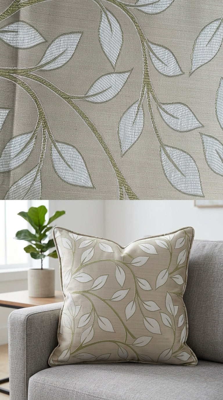 Taupe Satin Fabric with Olive & Ivory Botanical Leaf Jacquard