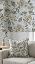 Ivory Satin Fabric with Olive Green Floral Jacquard